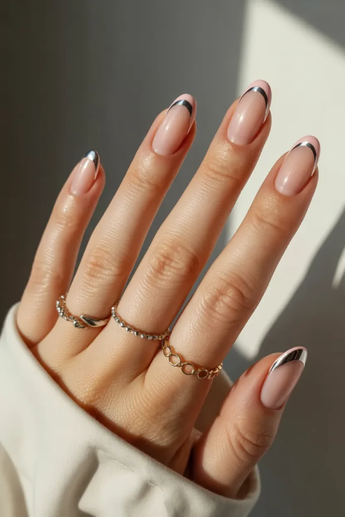 Chrome French Tips with Pink Accents