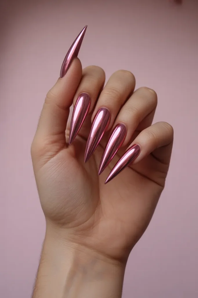 Chrome Pink Stiletto Nails