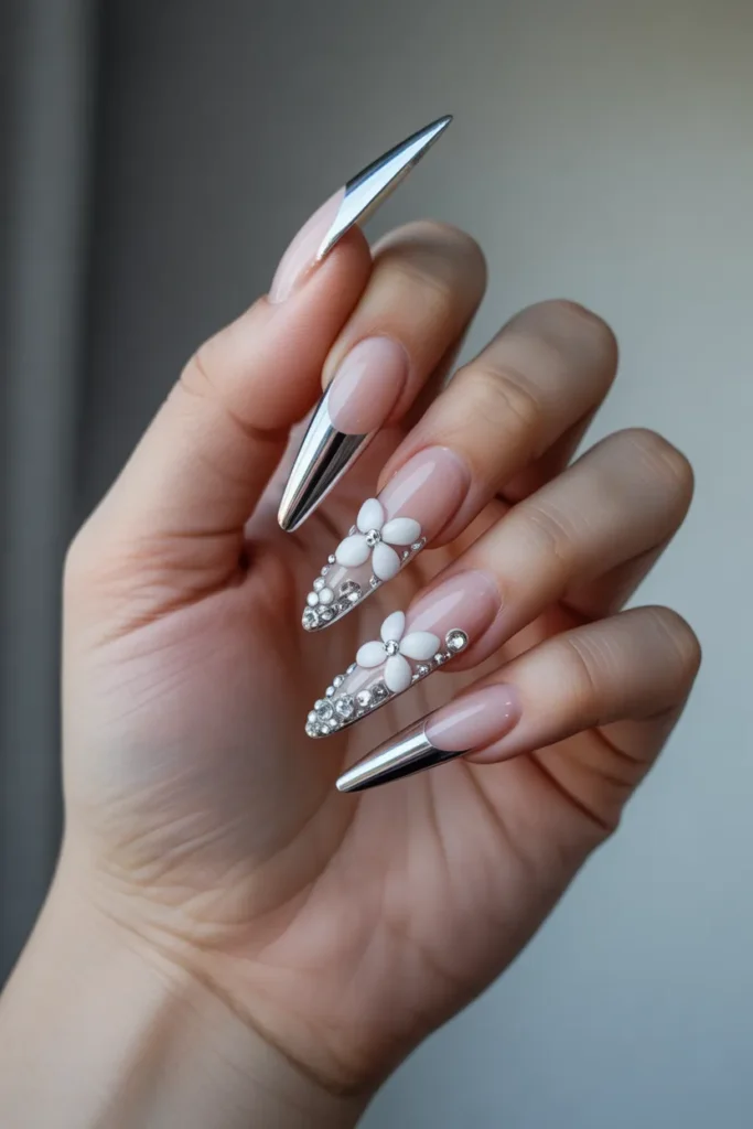 Chrome Tips with 3D Nail Art