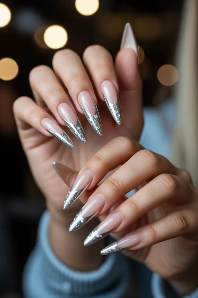 Chrome and Glitter French Tips