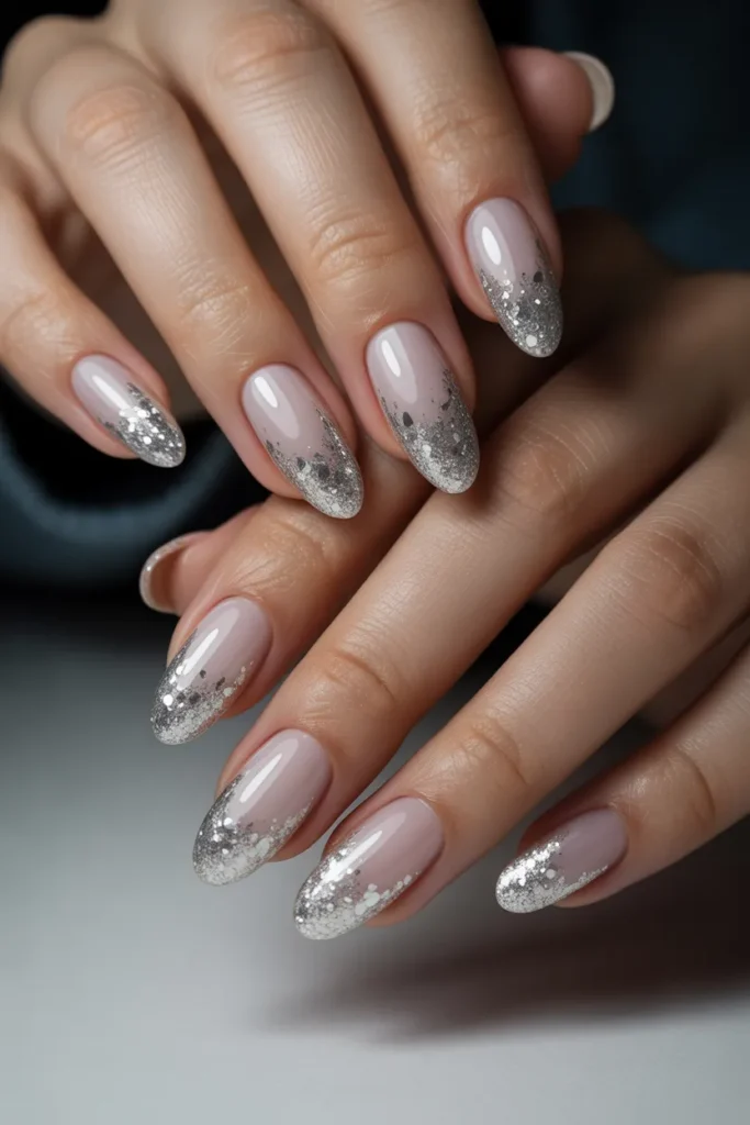 Frosted Silver Glitter Almond Nails