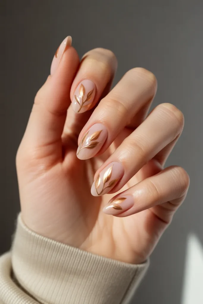 Golden Autumn Leaves on Nude Nails
