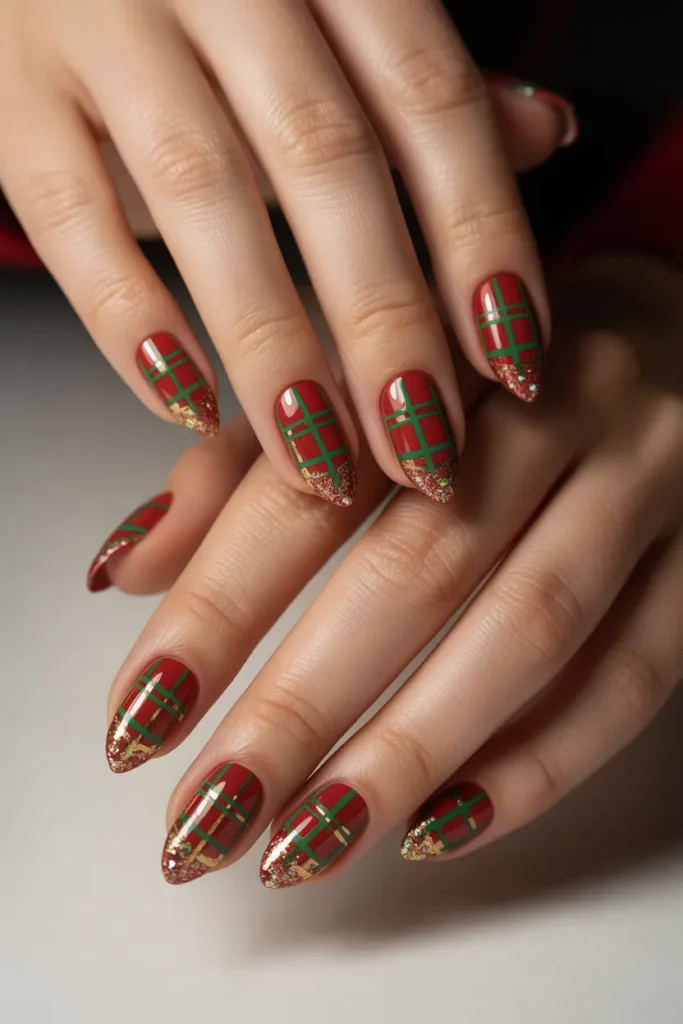 Holiday Plaid with Glitter Almond Nails