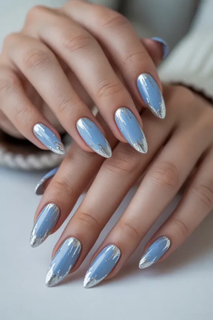 Icy Blue and Silver Almond Nails