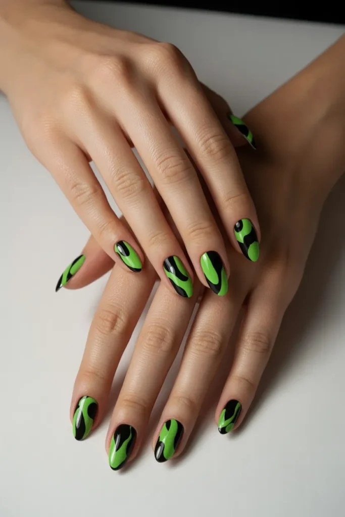 Lime Green and Black Abstract Nails