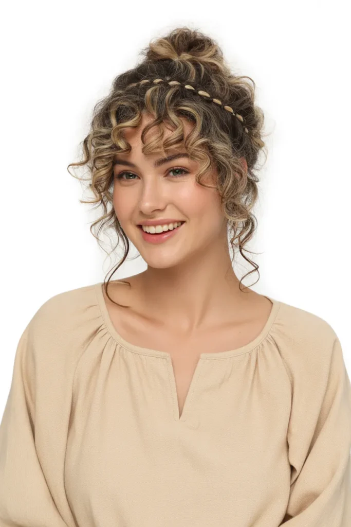 Messy Curly Top Knot with Braids