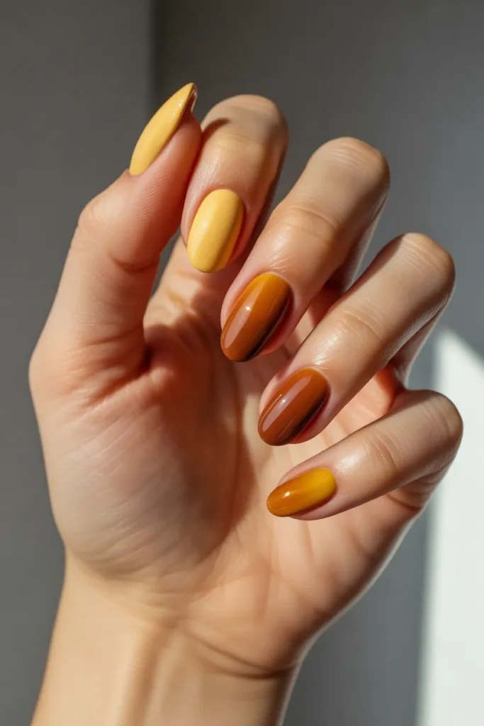 Mustard Yellow and Brown Gradient Nails
