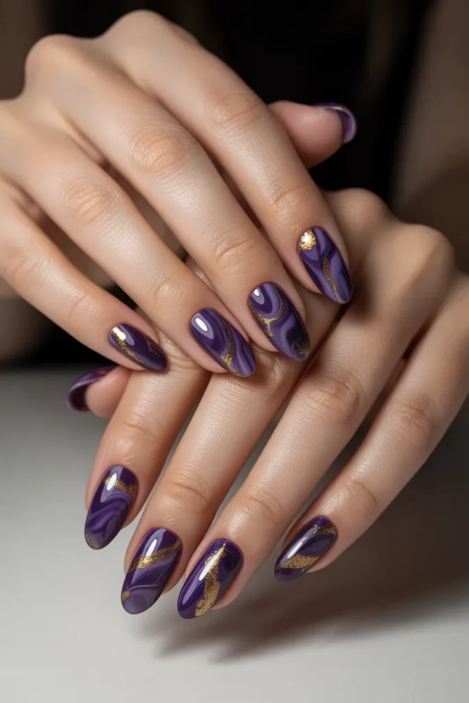 Purple and Gold Marble Nails