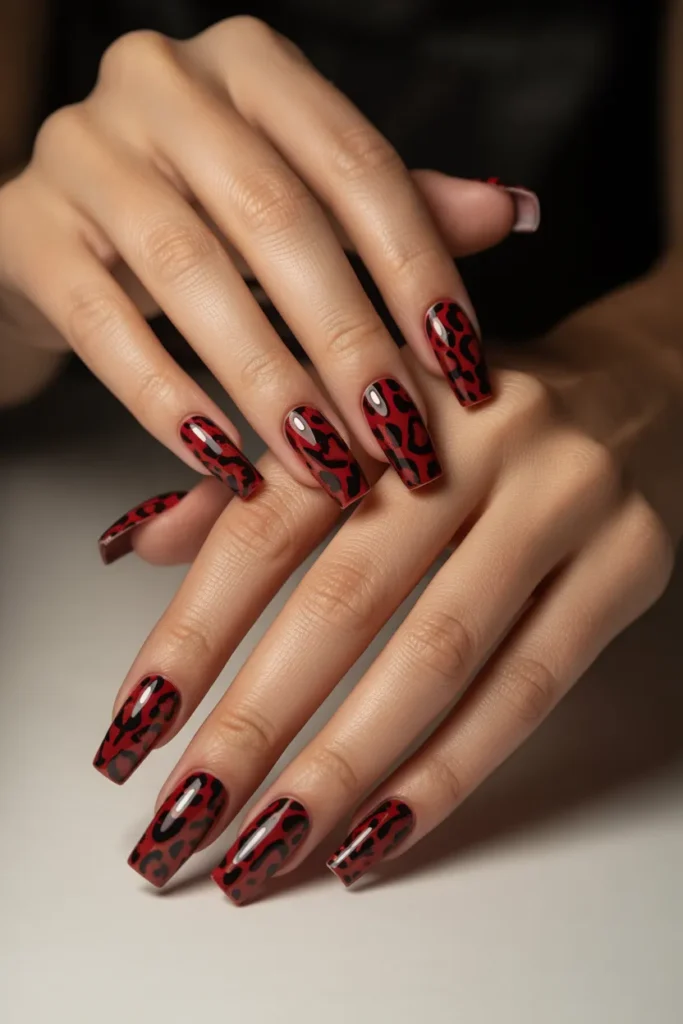 Red and Black Animal Print Nails