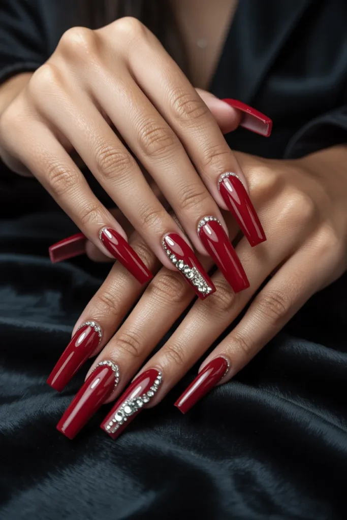 Red and Silver Rhinestone Nails