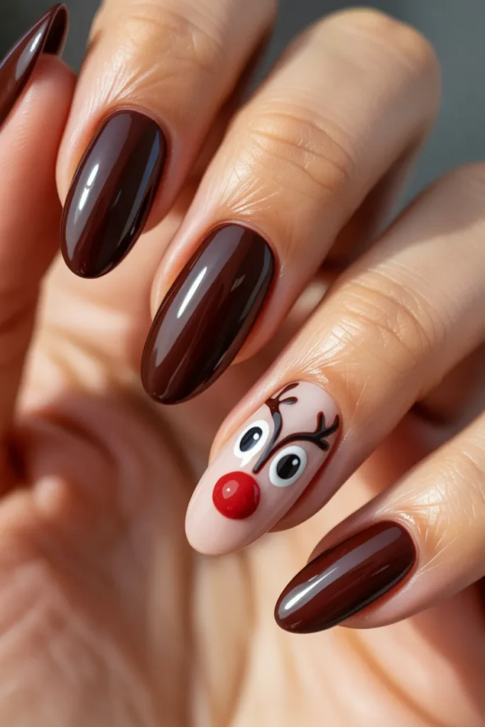 Reindeer Nose Almond Nails