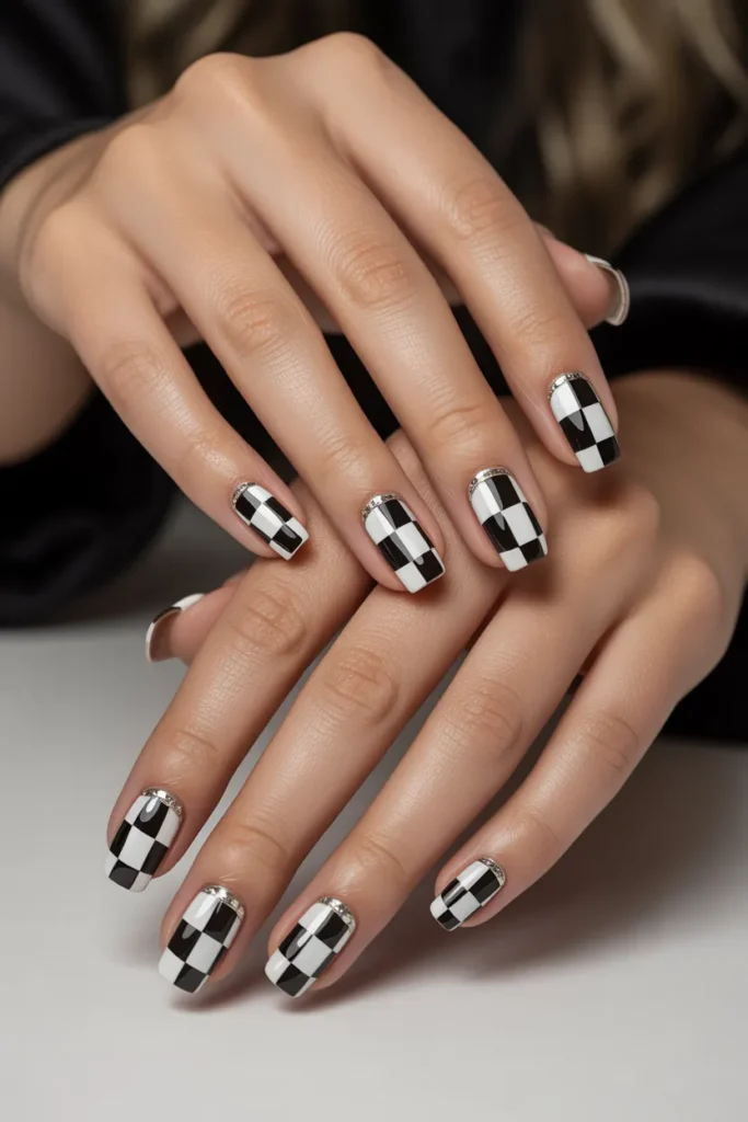 Silver and Black Checkerboard Nails