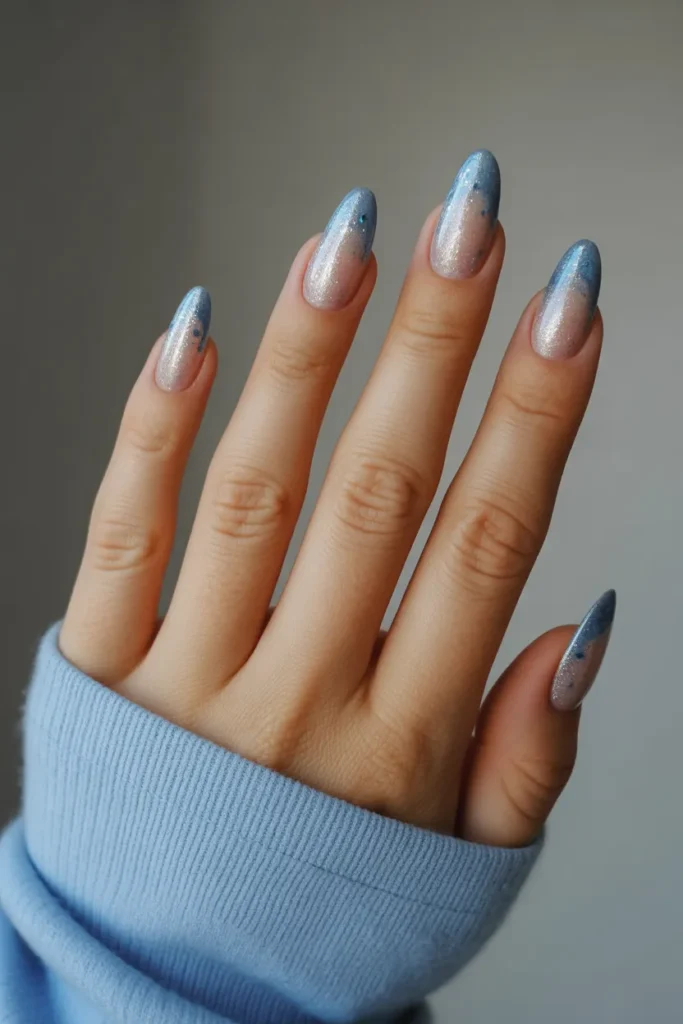 Silver and Blue Ombré Almond Nails