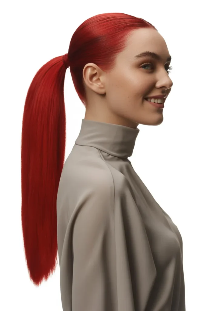 Vibrant Red Sleek Ponytail
