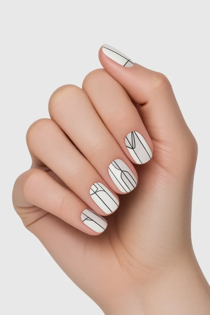 White Matte Nails with Black Lines
