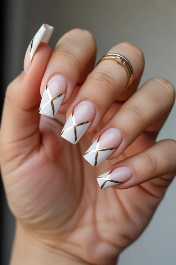 White and Gold Geometric Nails
