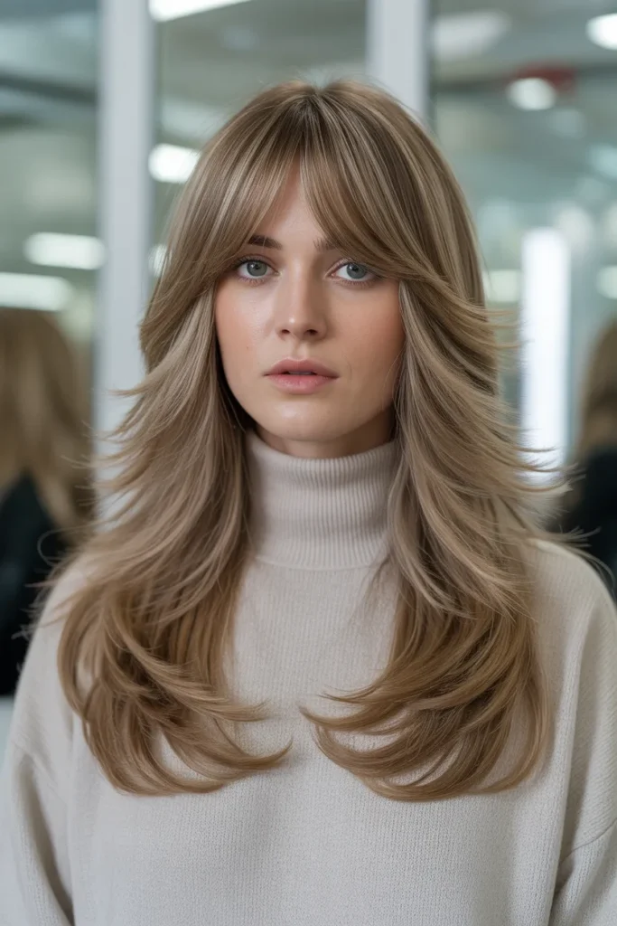 Feathered Long Layers With Centered Curtain Bangs