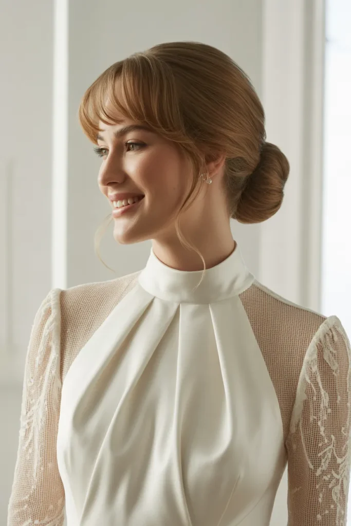 Elegant Low Bun with Curtain Bangs