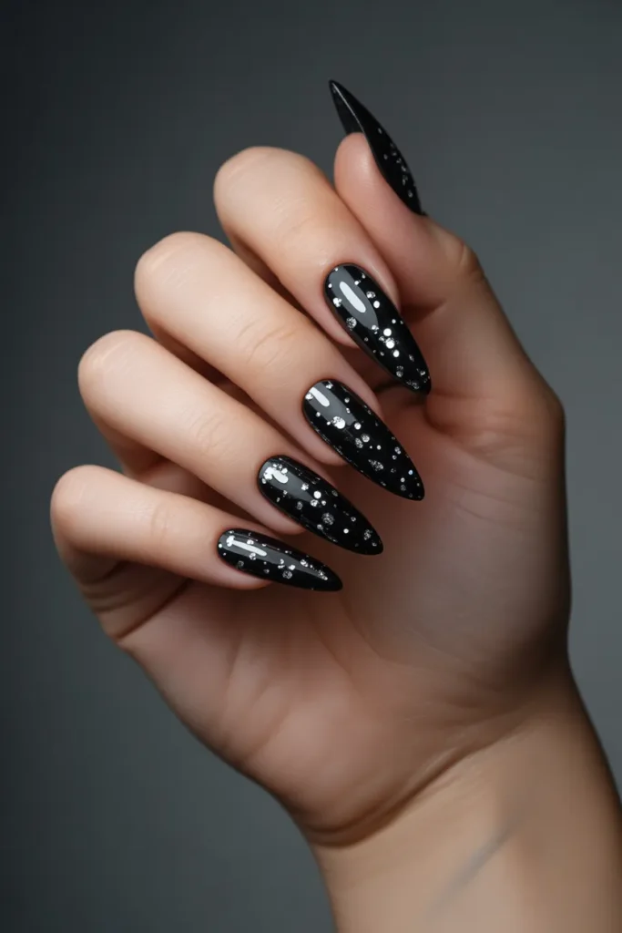 Silver Glitter with Black Stiletto Tips