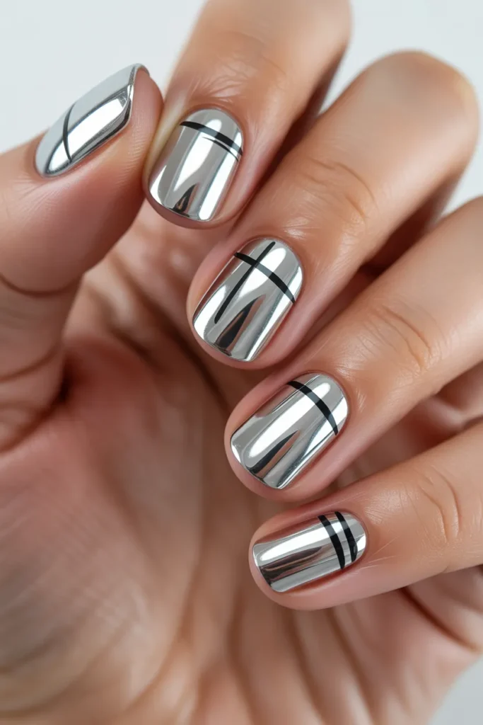 Chrome Nails with Minimalist Lines