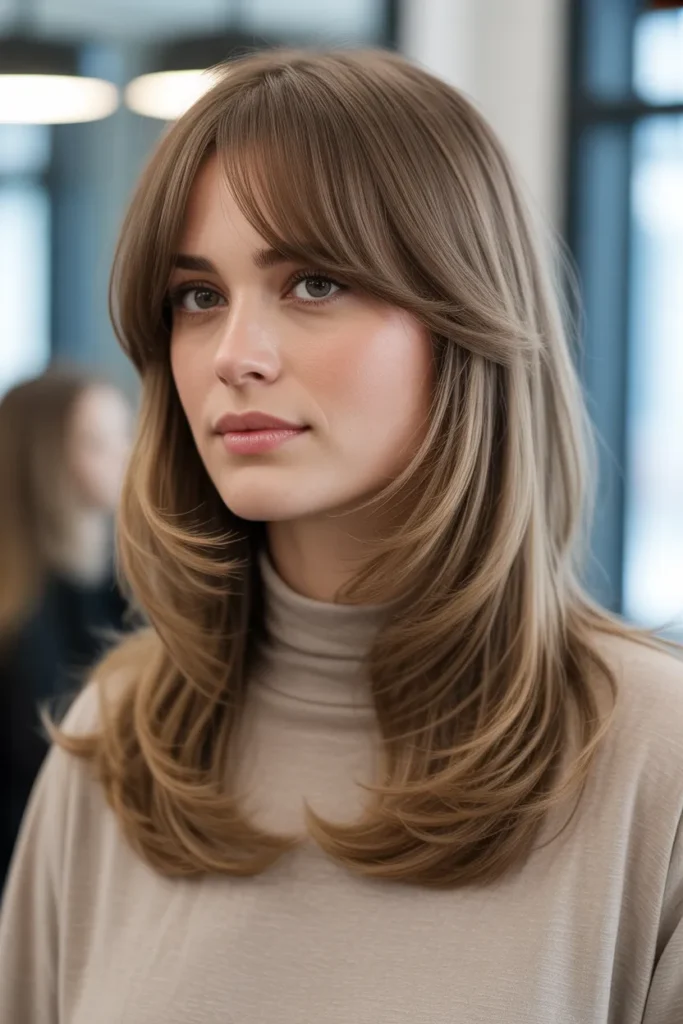 Layered Hair With Slightly Curved Curtain Bangs