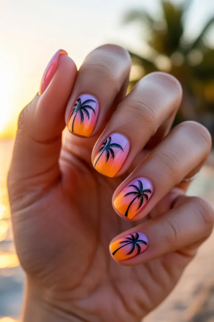 Sunset Palm Silhouette Nails