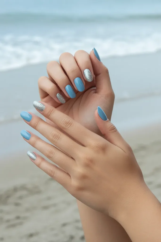 Light Blue with Silver Glitter Tips