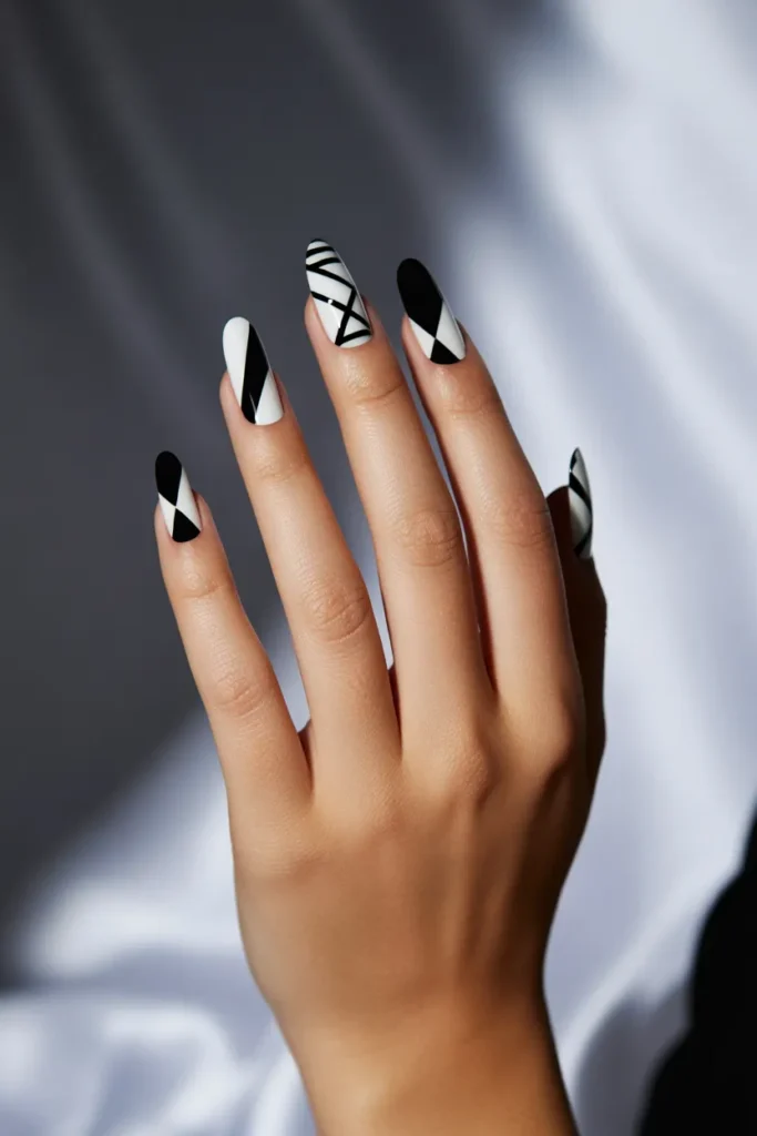 Geometric Black and White Nails