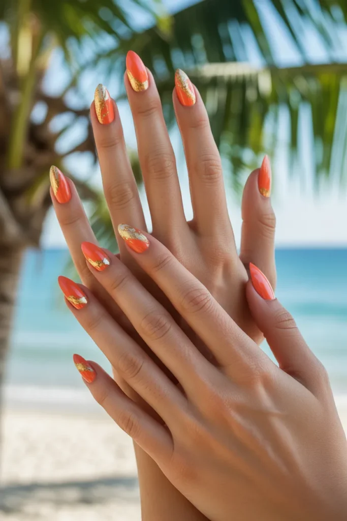Coral and Gold Foil Nails