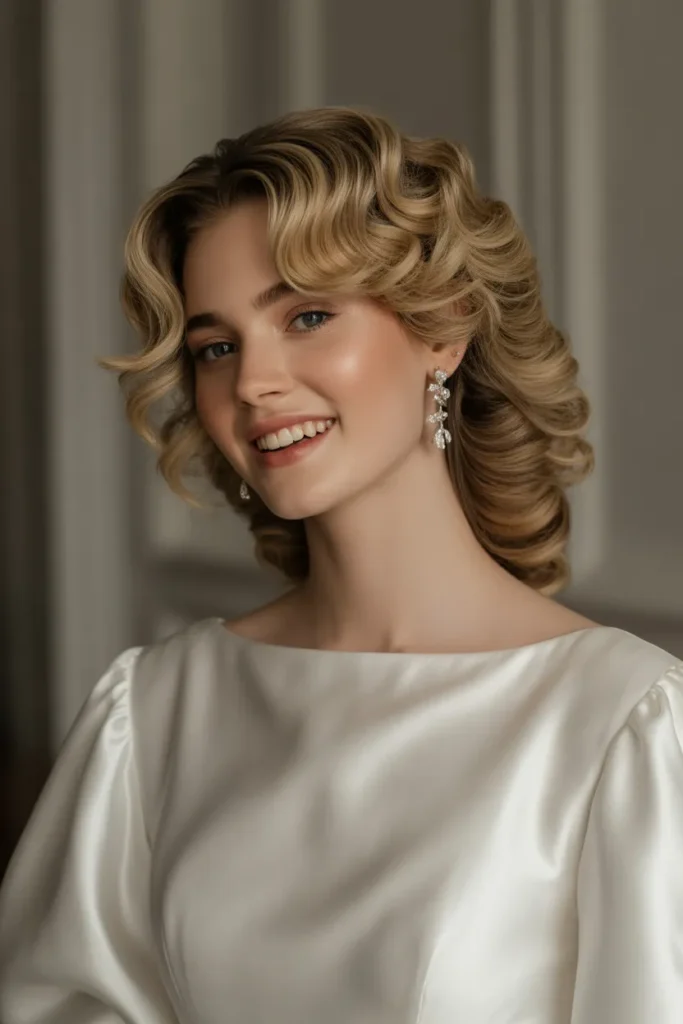 Loose Curls with Side Part and Curtain Bangs