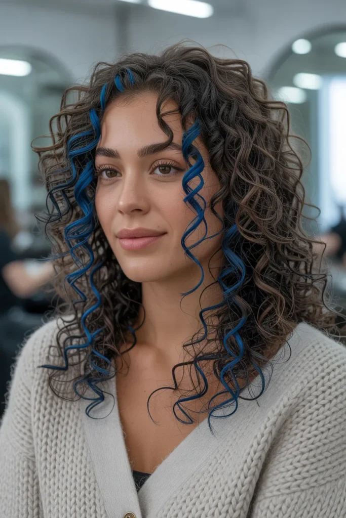 Deep Blue Highlights on Curly Hair