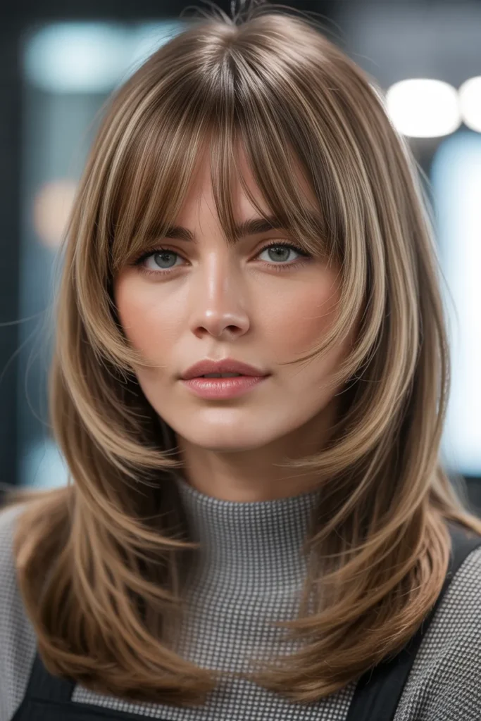 Layered Hair With Angled Curtain Bangs