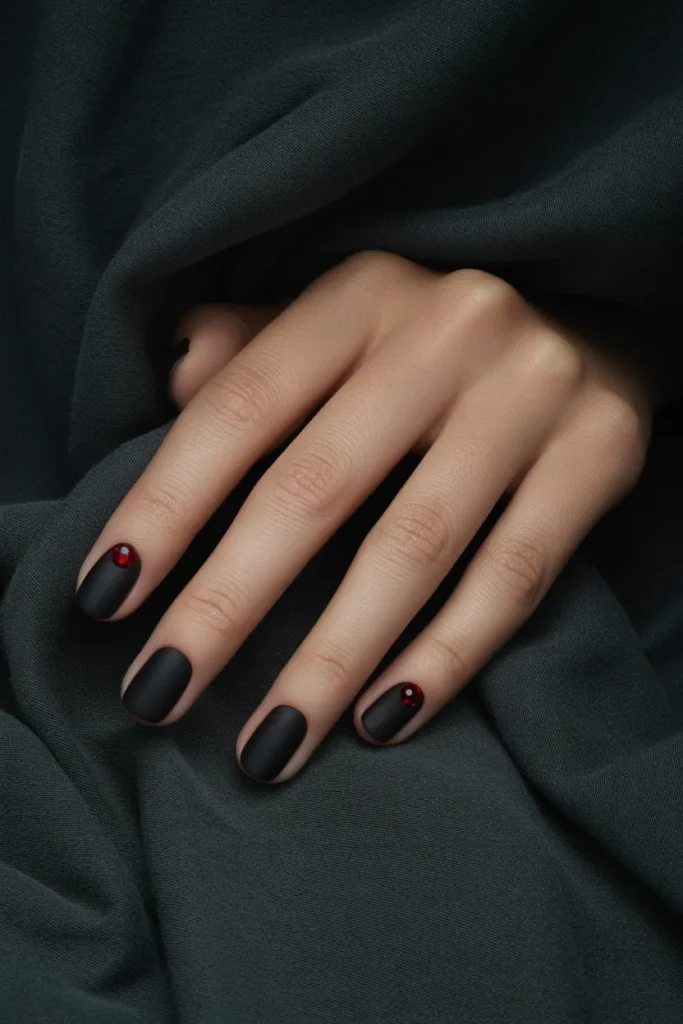 Velvet Black Nails with Red Gems