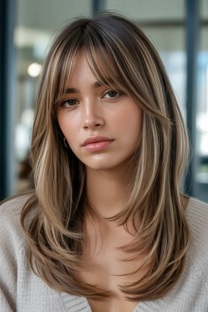 Layered Hair With Curtain Bangs and Subtle Highlights