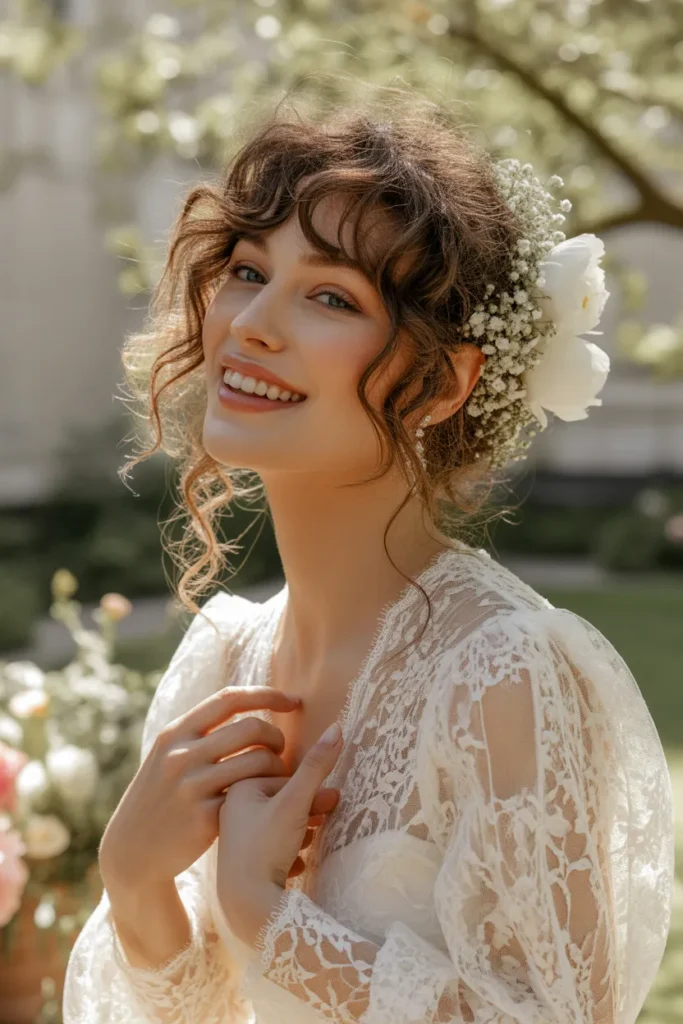 Soft Curls with Floral Accent and Curtain Bangs