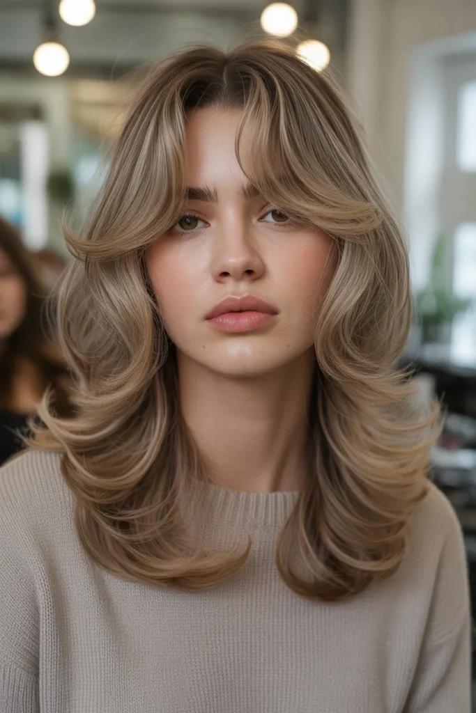 Layered Hair With Curtain Bangs and Soft Waves