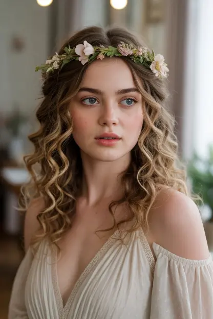 Boho-Inspired Loose Curls with a Floral Crown