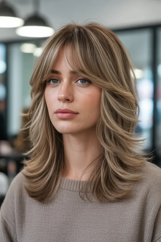 Layered Hair With Curtain Bangs and Light Texturing