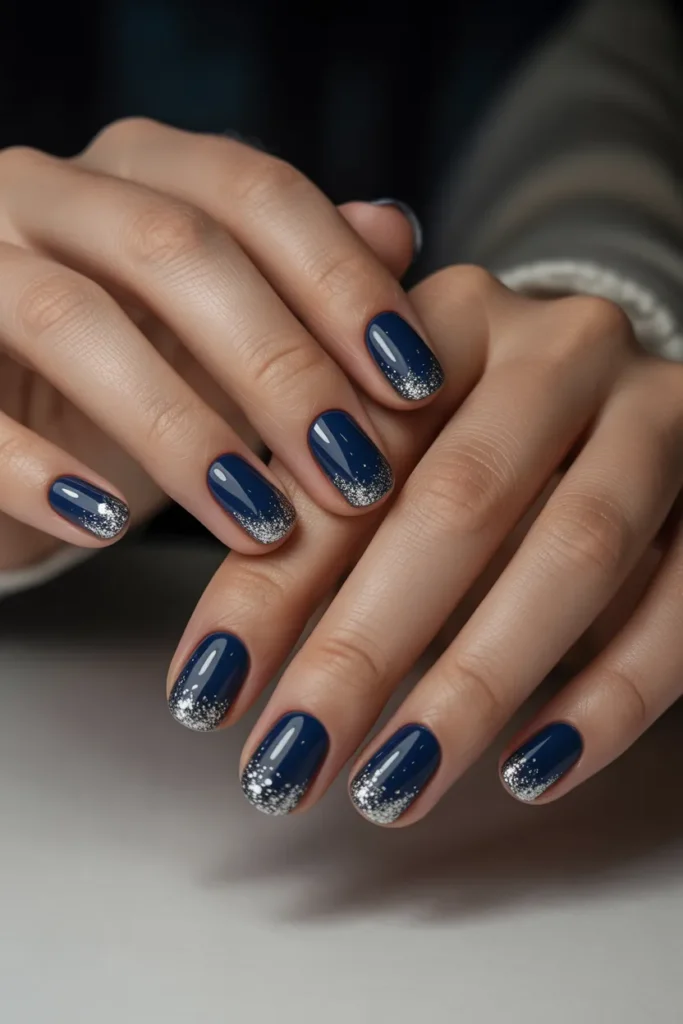 Midnight Blue Base with Silver Glitter Tips