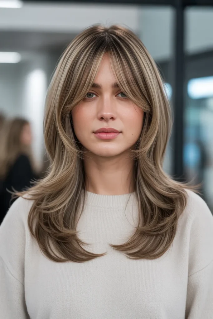 Layered Hair With Curved Curtain Bangs