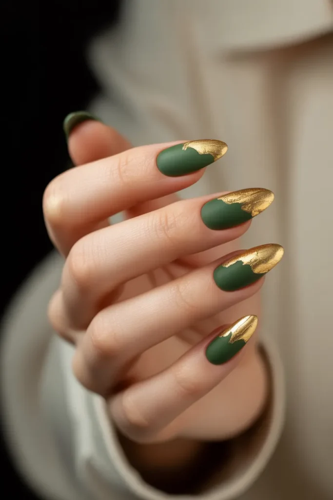 Dark Green Matte with Gold Leaf Tips