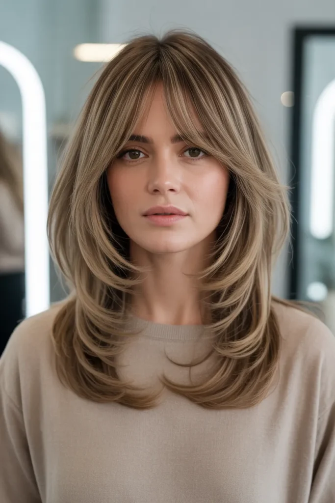 Layered Hair With Face-Framing Curtain Bangs and Subtle Volume