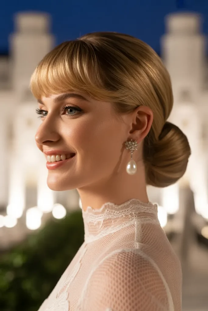 Classic Chignon with Curtain Bangs