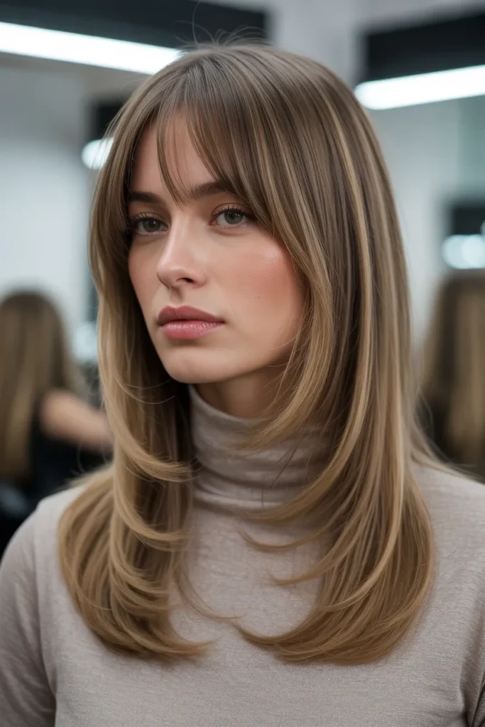 Layered Hair With Curtain Bangs and Sleek Ends