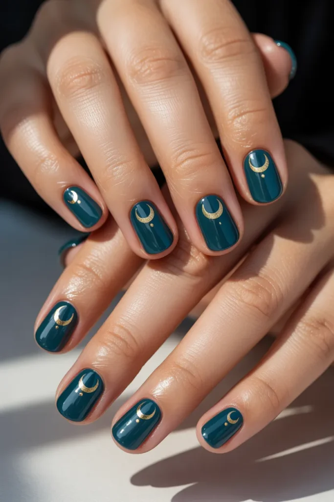 Deep Teal with Gold Crescent Moons