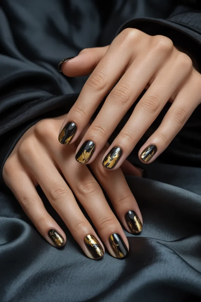 Black and Gold Foil Nails