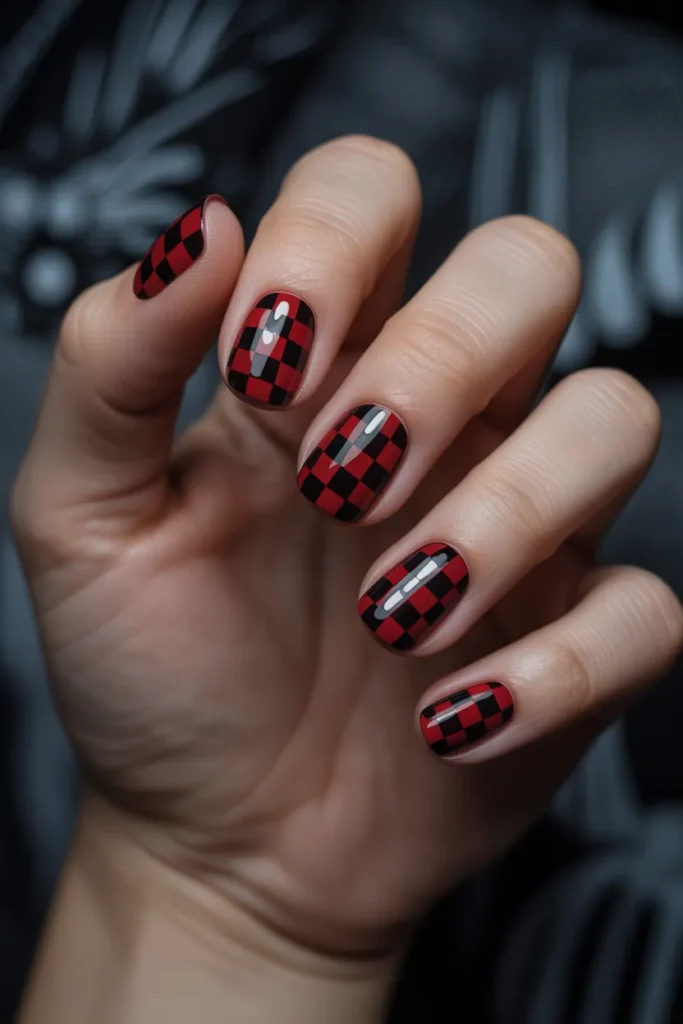 Black and Red Checkerboard Nails
