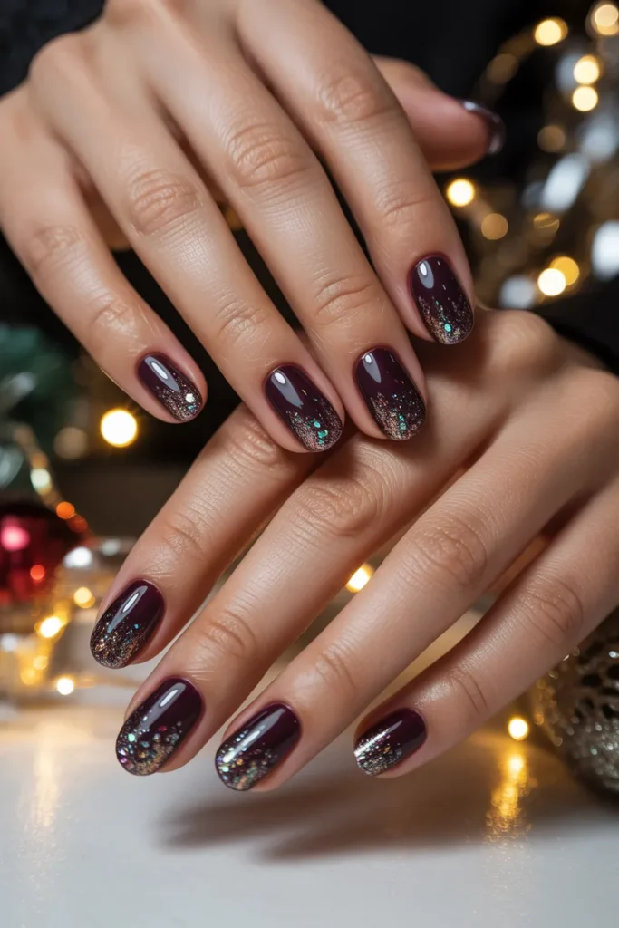 Dark Plum with Holo Glitter Tips
