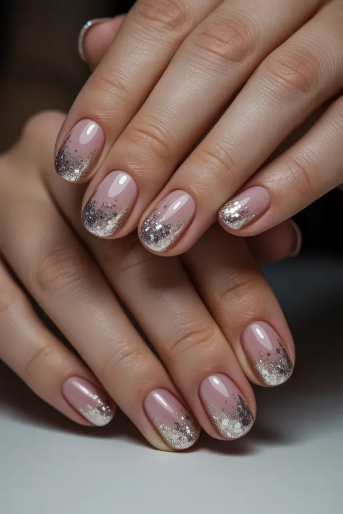 Dusty Rose Base with Silver Glitter Ombre Tips