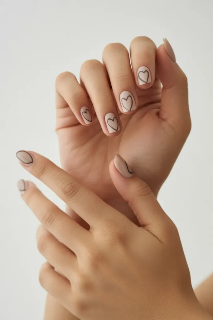 Neutral Nails with Heart Outline Art